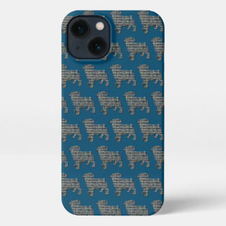 Pug Dog Cute Silhouette Grid Blue iPhone 13 Case