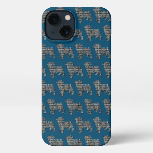 Pug Dog Cute Silhouette Grid Blue iPhone Case (Back)