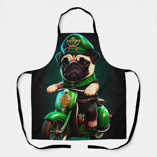 Pug Dog Driving Bike St. Patrick's Day Apron (Front)