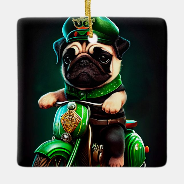 Pug Dog Driving Bike St. Patrick's Day Ceramic Ornament (Front)