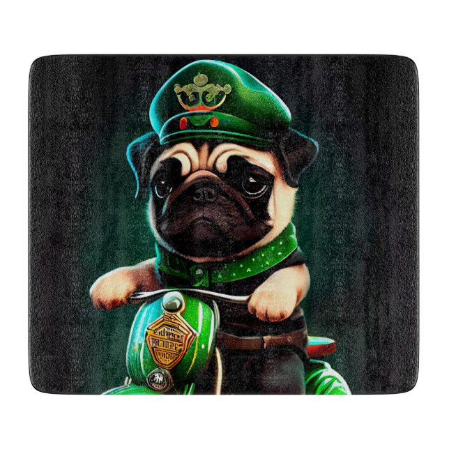 Pug Dog Driving Bike St. Patrick's Day Cutting Board (Front)
