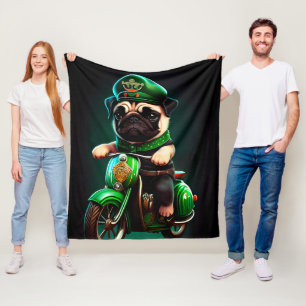 Pug Dog Driving Bike St. Patrick's Day Fleece Blanket