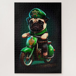 Pug Dog Driving Bike St. Patrick's Day Jigsaw Puzzle