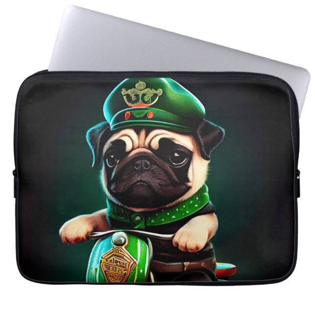 Pug Dog Driving Bike St. Patrick's Day Laptop Sleeve (Front)
