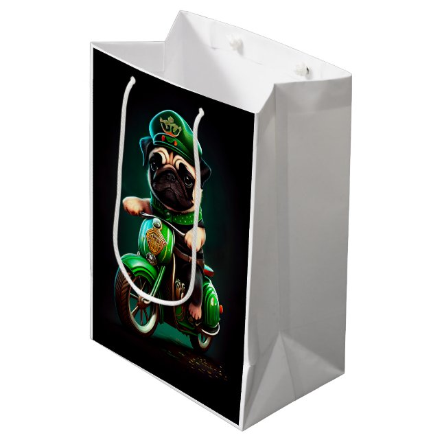 Pug Dog Driving Bike St. Patrick's Day Medium Gift Bag (Front Angled)