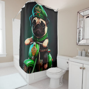Pug Dog Driving Bike St. Patrick's Day Shower Curtain