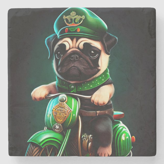 Pug Dog Driving Bike St. Patrick's Day Stone Coaster (Front)