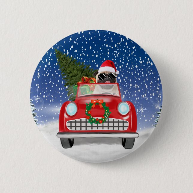 Pug Dog Driving Car In Snow Christmas  6 Cm Round Badge (Front)