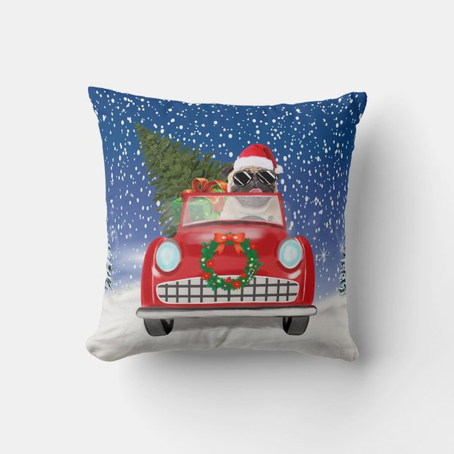 Pug Dog Driving Car In Snow Christmas  Cushion (Front)