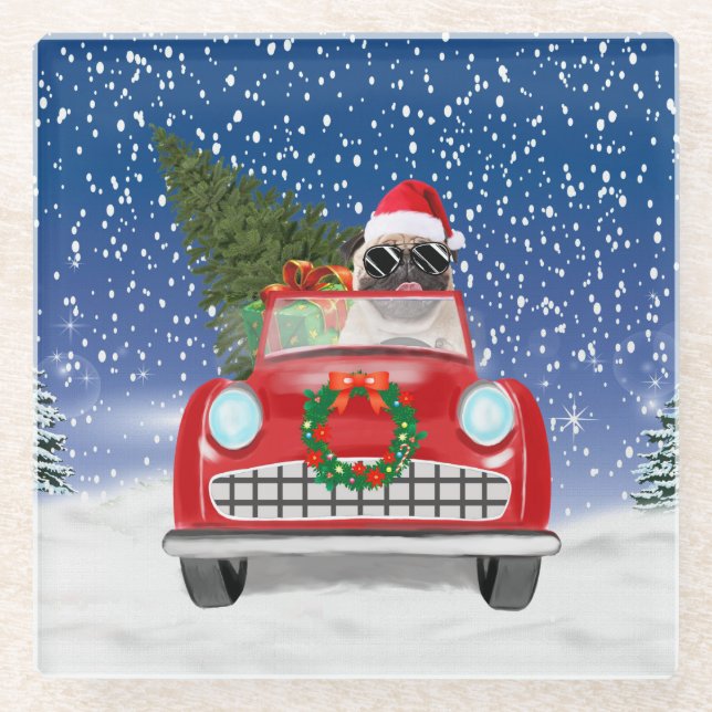 Pug Dog Driving Car In Snow Christmas  Glass Coaster (Front)