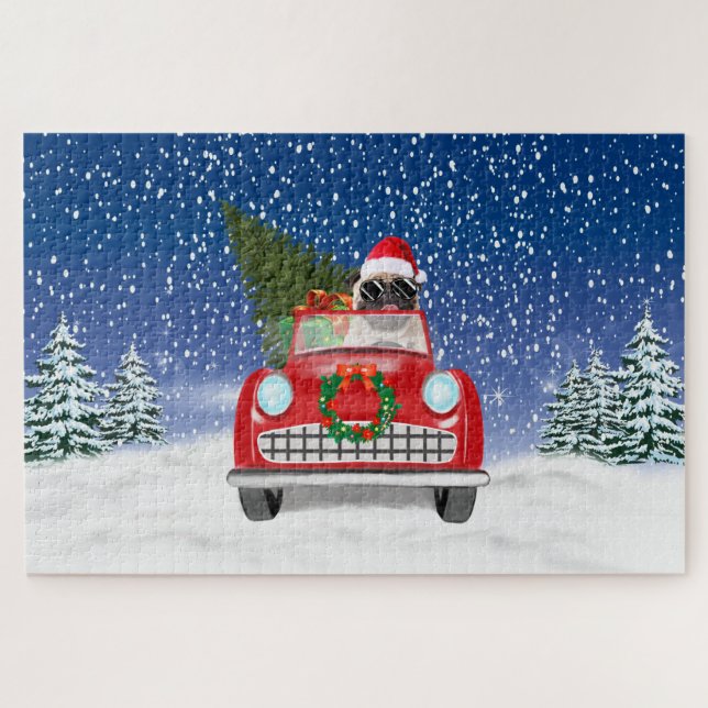 Pug Dog Driving Car In Snow Christmas  Jigsaw Puzzle (Horizontal)