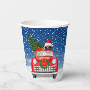 Pug Dog Driving Car In Snow Christmas   Paper Cups