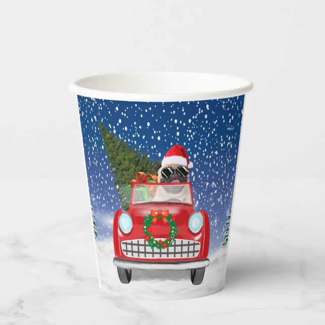 Pug Dog Driving Car In Snow Christmas   Paper Cups (Front)