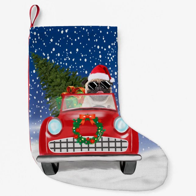 Pug Dog Driving Car In Snow Christmas  Small Christmas Stocking (Front)