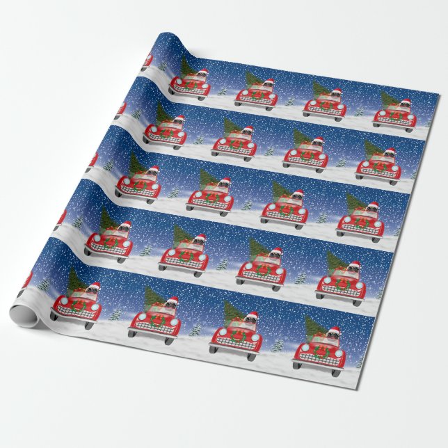 Pug Dog Driving Car In Snow Christmas  Wrapping Paper (Unrolled)