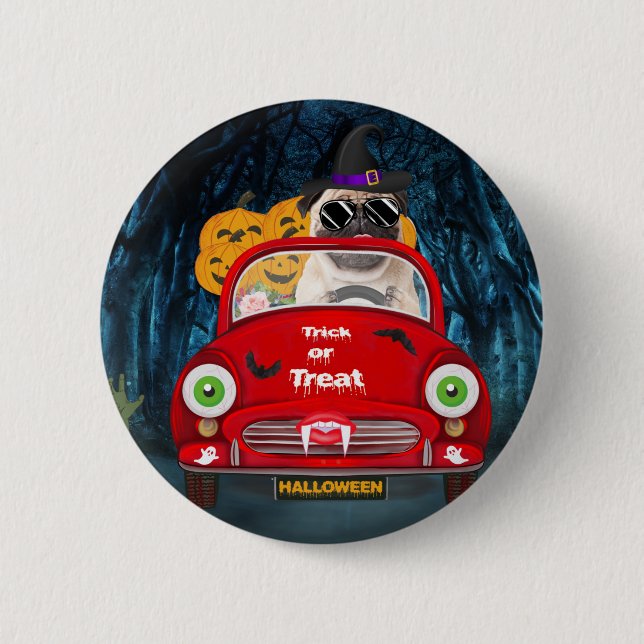 Pug  Dog Driving Car Scary Halloween 6 Cm Round Badge (Front)