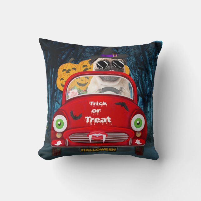Pug  Dog Driving Car Scary Halloween  Cushion (Front)