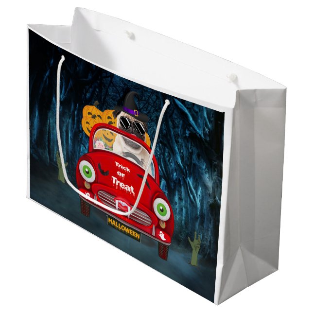 Pug  Dog Driving Car Scary Halloween Large Gift Bag (Front Angled)