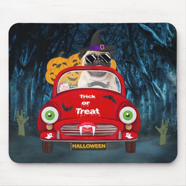 Pug  Dog Driving Car Scary Halloween Mouse Mat (Front)