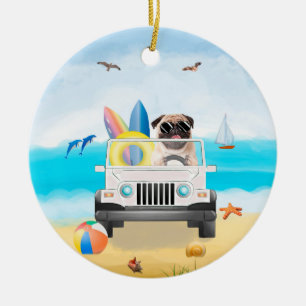 pug Dog Driving on Beach  Ceramic Tree Decoration