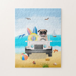 pug Dog Driving on Beach  Jigsaw Puzzle