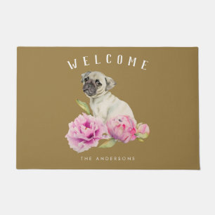 Pug Dog Floral Welcome   Add Family Name Doormat