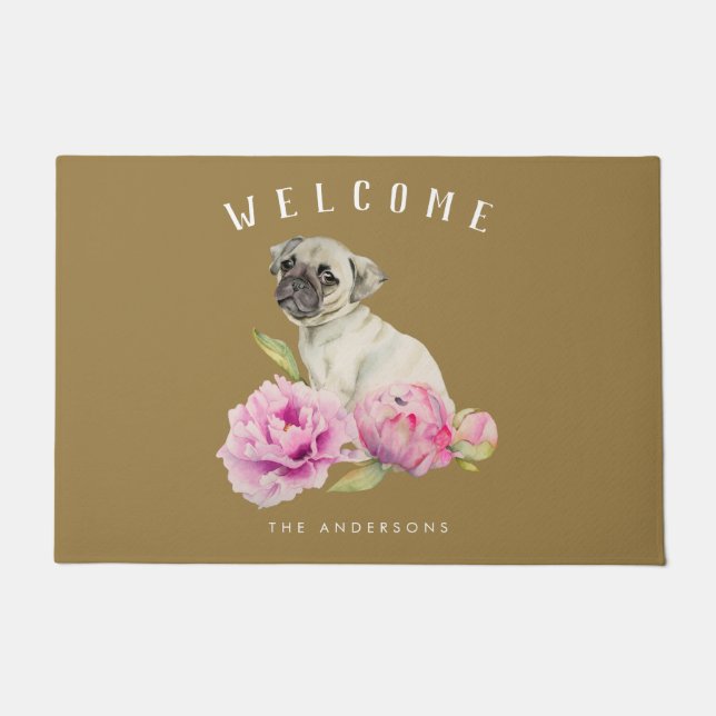 Pug Dog Floral Welcome | Add Family Name Doormat (Front)