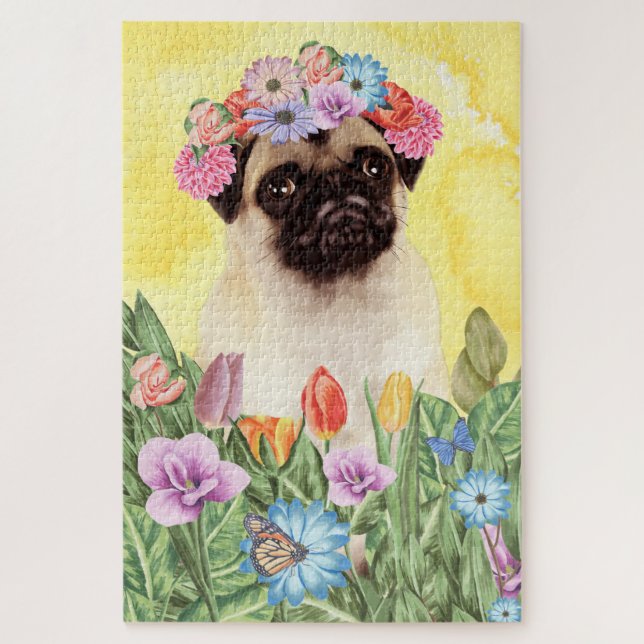 Pug Dog Flowers Jigsaw Puzzle (Vertical)