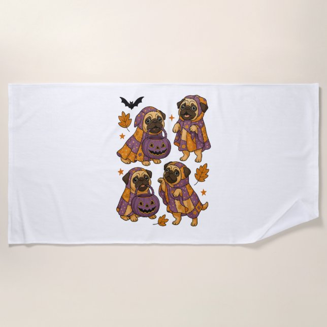 Pug Dog Ghost Halloween Spooky Beach Towel (Front)