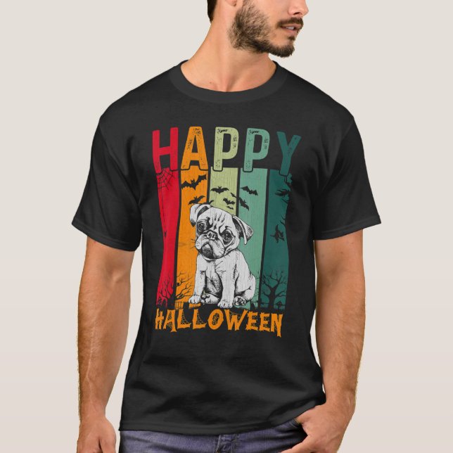 Pug Dog   Girls Boys Retro Style Halloween Dinner  T-Shirt (Front)