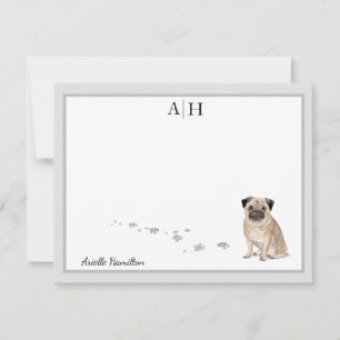 Pug Dog Grey Border Monogram Personalised Custom Card