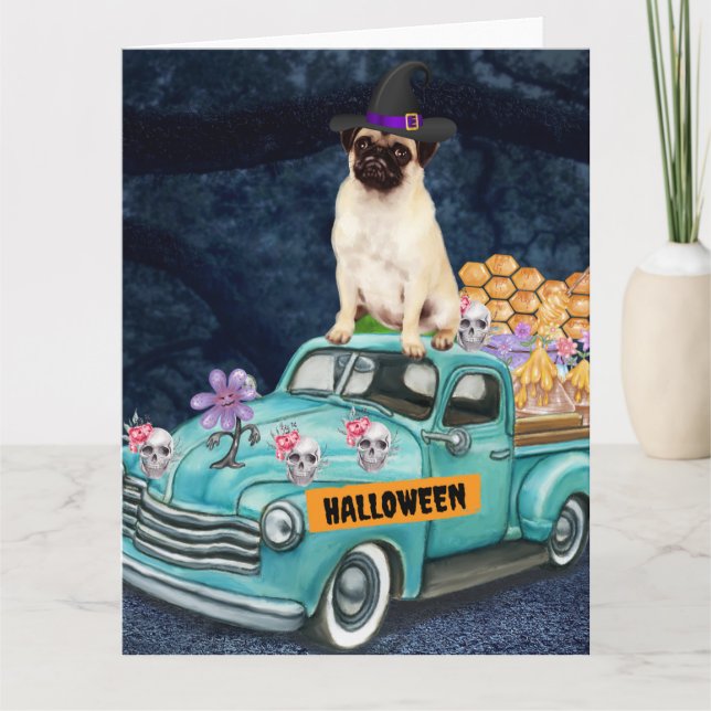 Pug Dog Halloween Truck Scary Night  Card (Front)