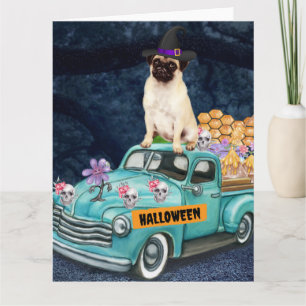 Pug Dog Halloween Truck Scary Night Card