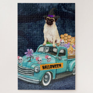 Pug Dog Halloween Truck Scary Night Jigsaw Puzzle