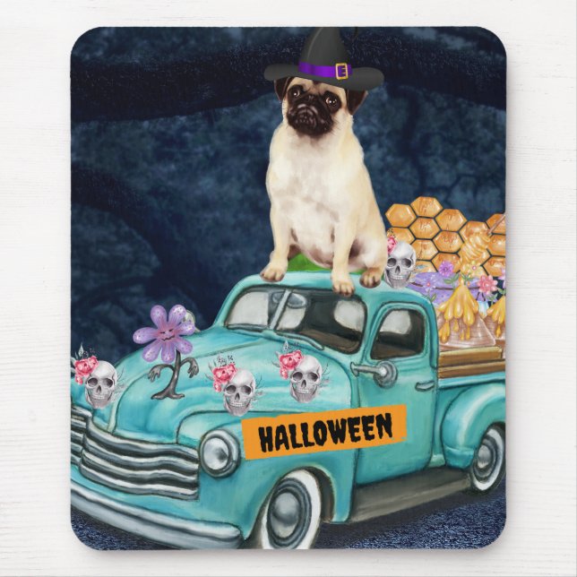 Pug Dog Halloween Truck Scary Night  Mouse Mat (Front)