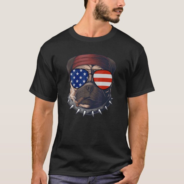 Pug Dog Head Smoke 4th Of July Usa Flag T-Shirt (Front)