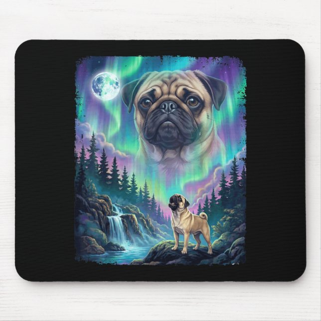 Pug dog howling northern lights aurora moon forest mouse mat (Front)