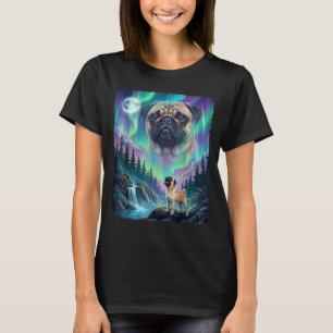 Pug dog howling northern lights aurora moon forest T-Shirt