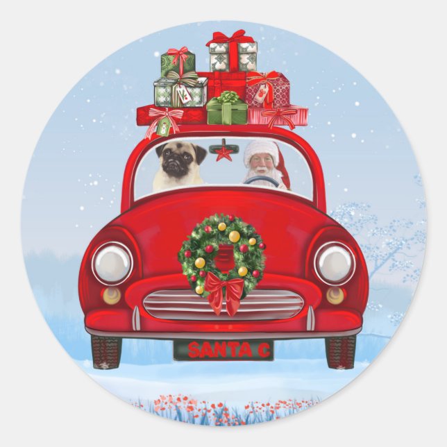 Pug Dog In Car With Santa Claus Classic Round Sticker (Front)