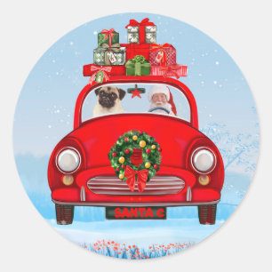 Pug Dog In Car With Santa Claus Classic Round Sticker
