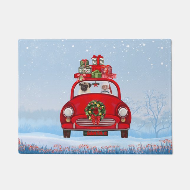 Pug Dog In Car With Santa Claus Doormat (Front)