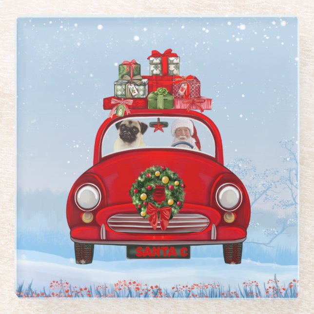 Pug Dog In Car With Santa Claus Glass Coaster (Front)
