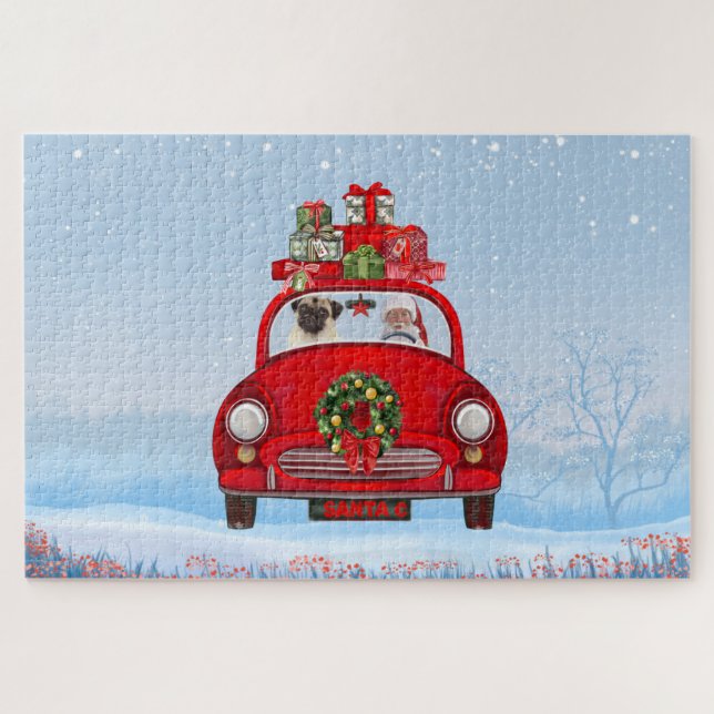 Pug Dog In Car With Santa Claus Jigsaw Puzzle (Horizontal)