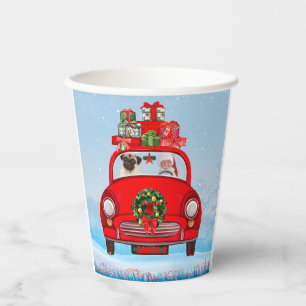 Pug Dog In Car With Santa Claus Paper Cups