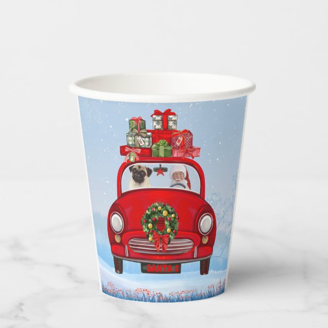 Pug Dog In Car With Santa Claus Paper Cups (Front)