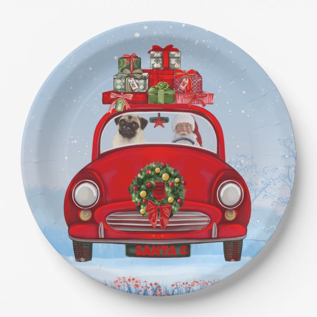 Pug Dog In Car With Santa Claus Paper Plate (Front)
