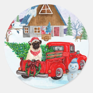Pug Dog In Christmas Delivery Truck Snow Classic Round Sticker