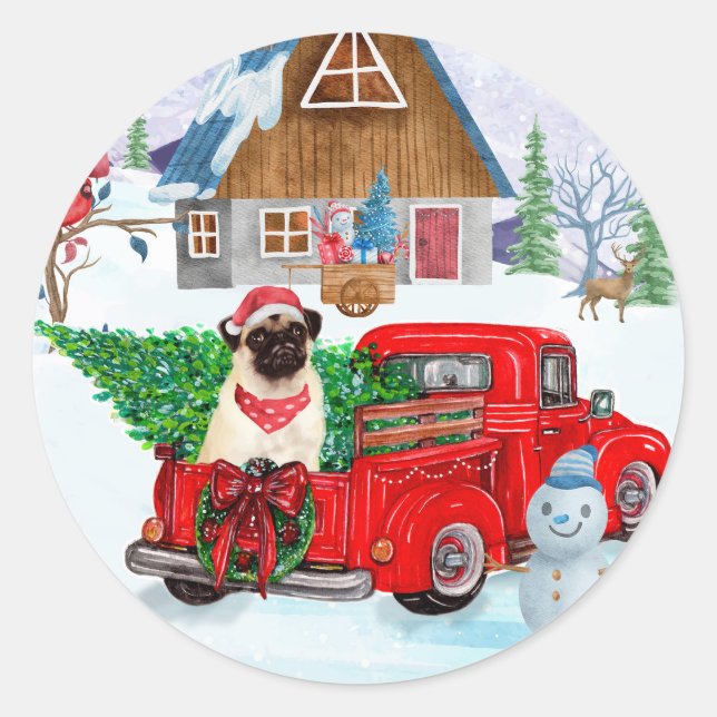 Pug Dog In Christmas Delivery Truck Snow Classic Round Sticker (Front)