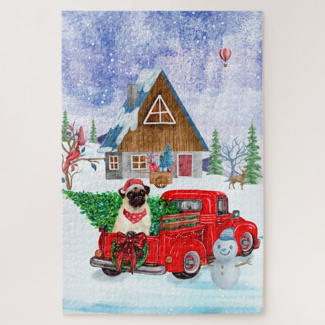 Pug Dog In Christmas Delivery Truck Snow Jigsaw Puzzle (Vertical)