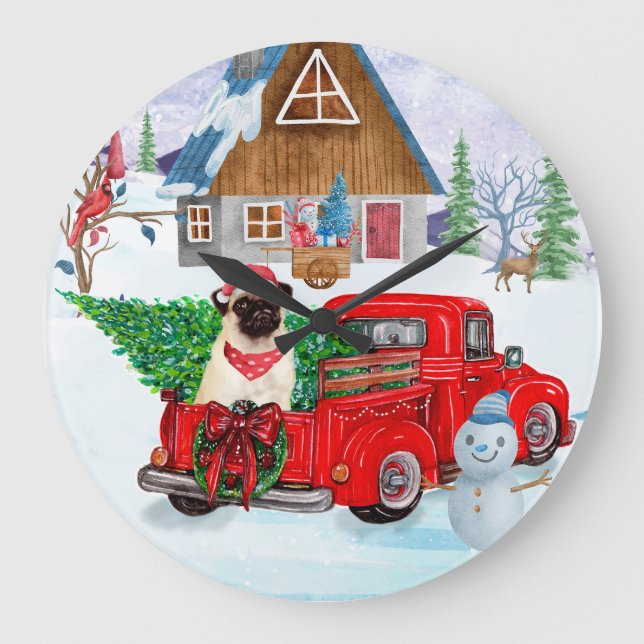 Pug Dog In Christmas Delivery Truck Snow Large Clo Large Clock (Front)